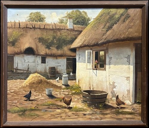 Roald Hansen (Danish, 1938-2018) Oil on Canvas Farmyard Scene with Chickens: Framed oil on canvas depicting a rustic farmyard with whitewashed thatched-roof buildings, chickens in the courtyard, a hay pile, barrel, bucket, and wooden tub. The scene is painted with warm natural