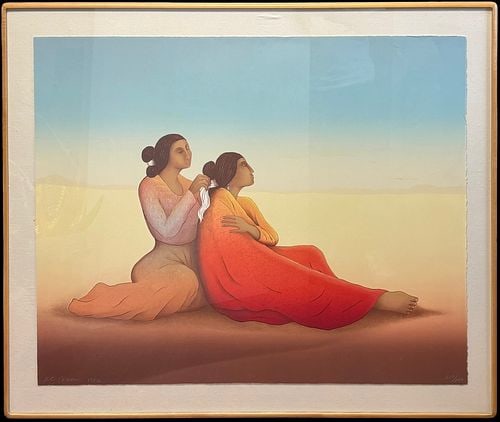 R.C. Gorman (Navajo, 1931-2005) Kinnalda Lithograph #158/200: Limited edition lithograph titled "Kinnalda" by renowned Native American artist R.C. Gorman (1931–2005). The composition depicts two seated women in a quiet, intimate moment as one bra
