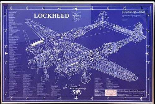 Framed Lockheed P-38J Lightning Aircraft Blueprint Style Technical Print (1 of 9)