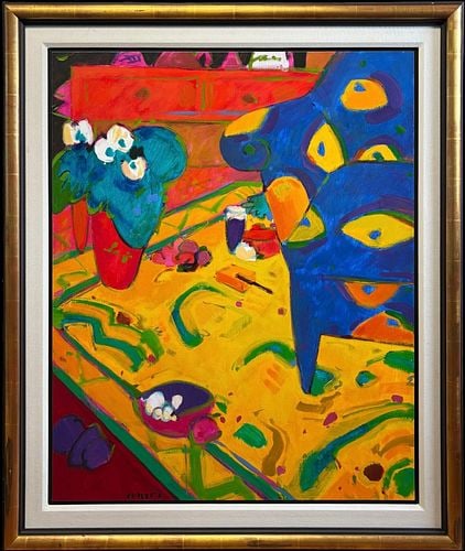 Manel Anoro (Spain, b. 1945) Albons Original Oil on Canvas Painting with COA: Original oil on canvas titled "Albons" by Spanish artist Manel Anoro, depicting the artist's signature colorful, expressive style with a vibrant interior scene featuring a stylized blue 