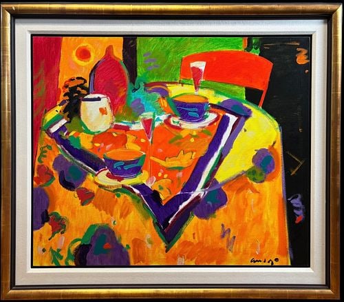 Manel Anoro (Spain, b. 1945) Sol d'Estiu Still Life Oil on Canvas w/ COA: Original oil on canvas titled Sol d'Estiu by Spanish contemporary artist Manel Anoro, featuring a vibrant still life composition with cups, bottles, and a table setting rendered in the artist'