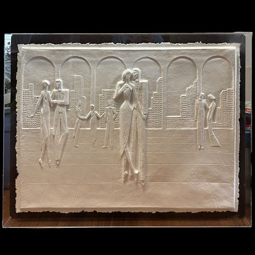 David Fisher (USA, 1946-2013) Elegant Evening Embossed Paper Relief #61/70: David Fisher's "Elegant Evening" is a signed limited edition embossed paper relief depicting elegantly dressed figures gathered before a stylized city skyline framed by a series of grace