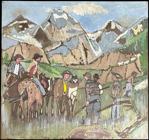 Folk Art Alpine Hunting Scene Painted on Copper Panel (1 of 2)
