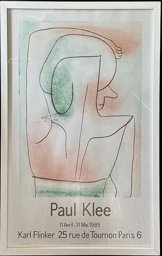 1985 Paul Klee (Swiss, 1879-1940) Karl Flinker Paris Exhibition Poster: Vintage exhibition poster for Paul Klee at Galerie Karl Flinker, 25 rue de Tournon, Paris, held April 11–May 31, 1985. The poster features a stylized figural composition in muted green and rose 