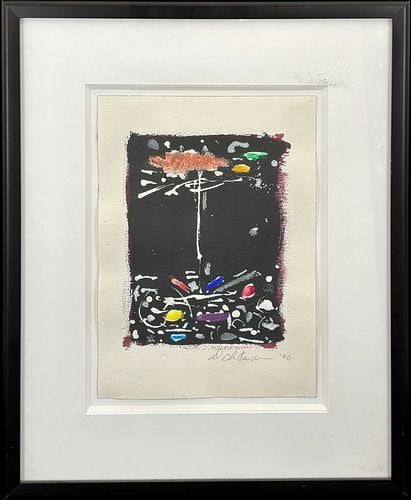 Dan Christensen (American, 1942–2007) Signed Abstract Mixed Media on Paper: A vibrant abstract mixed-media work on textured paper by noted American artist Dan Christensen, featuring a dense black field enlivened by gestural white and silver lines, scattered marks, and vivid a