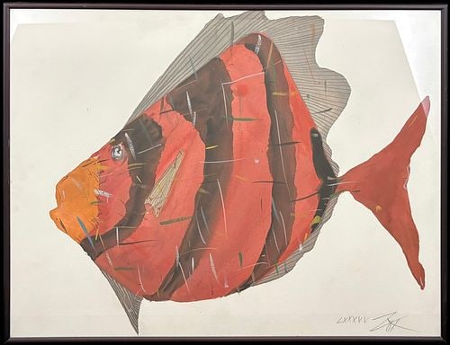 Signed Limited Edition Modernist Red Fish Mixed-Media Painting: A bold modernist mixed-media painting on paper depicting a large tropical fish in vivid shades of red, orange, brown, and black, accented with energetic multicolored lines and finely rendered gray fin