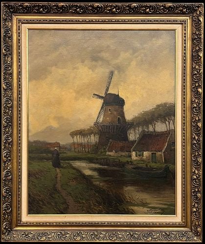 Walter C. Hartson (1866–1946) 1904 Dutch Windmill Landscape Oil Painting (1 of 4)
