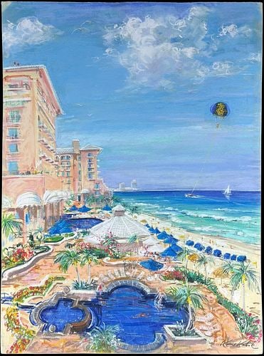 Kamil Kubik (Czech, 1930-2011) Tropical Beach Resort Pastel Drawing (1 of 3)