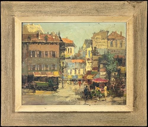 Theodorus van Oorschot (Dutch, 1910–1989) European Street Market Oil Painting: Theodorus van Oorschot (Dutch, 1910–1989) oil on canvas depicting a bustling European street market lined with closely packed buildings, storefronts, pedestrians, flower stalls, and a vintage de