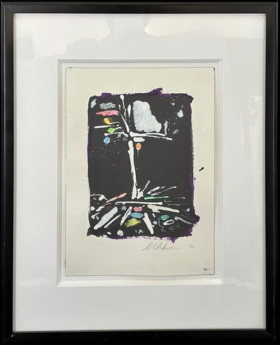 Dan Christensen (American, 1942–2007) 1960 Abstract Mixed Media on Paper: Dan Christensen abstract mixed-media work on textured paper, composed around a dramatic black field with gestural white and gray forms, splattered passages, and vivid accents of pink, blue, green, yel