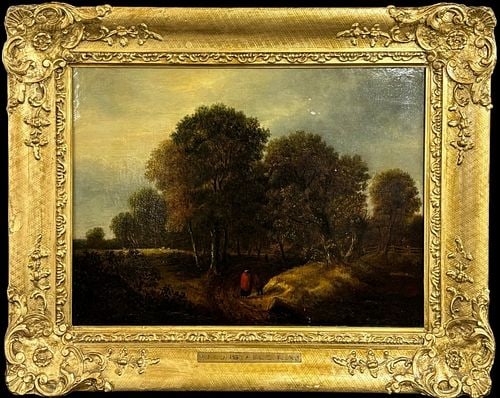 Attributed to J. Constable, R.A. (English, 1776–1837) Wooded Landscape Oil Painting: Oil on canvas depicting a wooded English countryside beneath a softly illuminated sky, with a small figure in a vivid red garment standing beside a dark horse along a sunlit path. Dense trees, rustic 