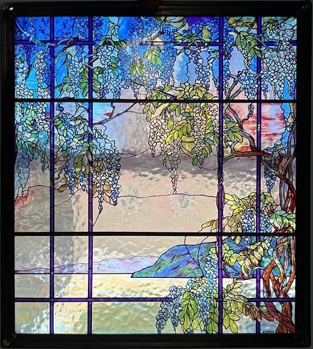 Louis Comfort Tiffany View of Oyster Bay MMA Stained Glass Window Panel: Decorative stained glass window panel marked “©MMA,” depicting View of Oyster Bay, a design by Louis Comfort Tiffany. The panel features a wisteria-draped trellis opening onto a seren