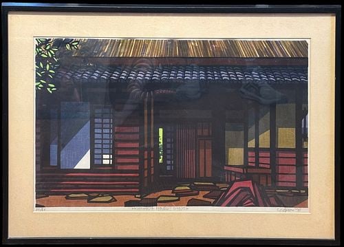 Clifton Karhu (US, 1927-2007) Yoshikawa House, Kyoto Woodblock Print 39/80: A striking Japanese woodblock print titled “Yoshikawa House, Kyoto,” depicting the shadowed façade and courtyard of a traditional Kyoto residence in a richly geometric composition. 