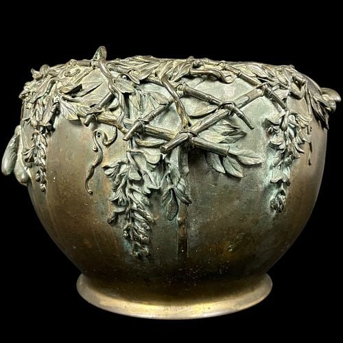 Japanese Meiji-Style Bronze Jardiniere w/ Relief Nature Decoration (1 of 9)