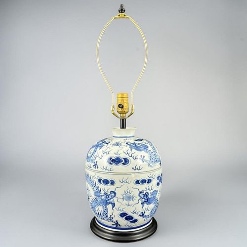 Asian Blue & White Dragon Motif Porcelain Table Lamp (1 of 8)