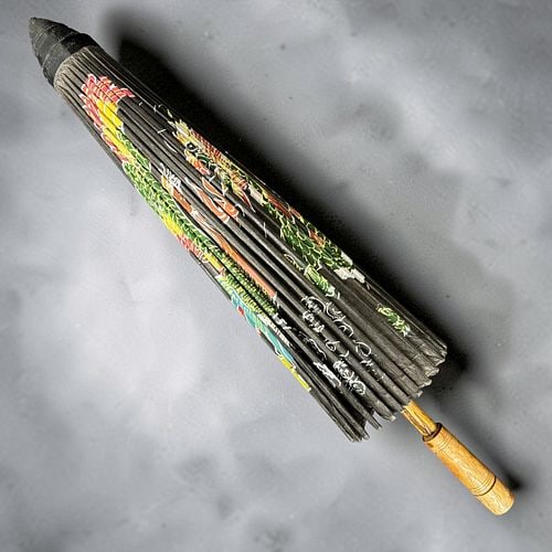 Antique Asian Hand-Painted Paper Parasol Umbrella with Dragon & Phoenix Motif (1 of 8)