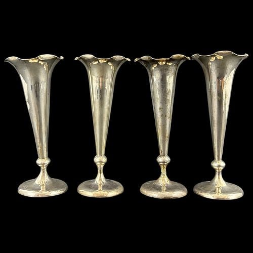 Set of Four Chinese Silver Vintage Trumpet Bud Vases Ruffled Flared Rims: Set of four Chinese sterling silver trumpet-form bud vases, each with a tall tapered body, knop stem, circular foot, and attractive ruffled flared rim. The pieces have assorted impressed maker marks t