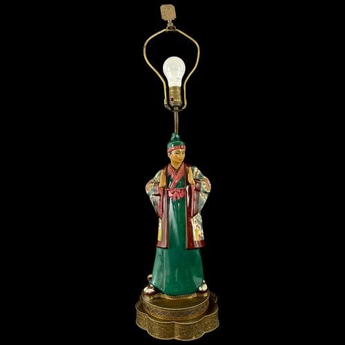 Vintage Asian Ceramic Figural Table Lamp on Ornate Metal Base (1 of 5)