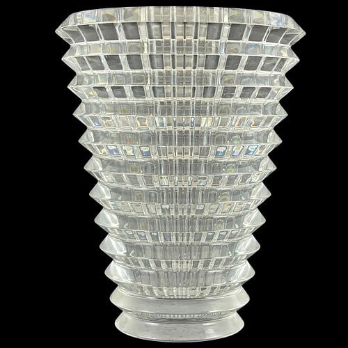 Baccarat France Crystal Glass Eye Vase with Original Label: A striking Baccarat France clear crystal “Eye” vase featuring the pattern’s signature optical cut design, with deeply faceted horizontal bands and vertical grid cuts that create bril