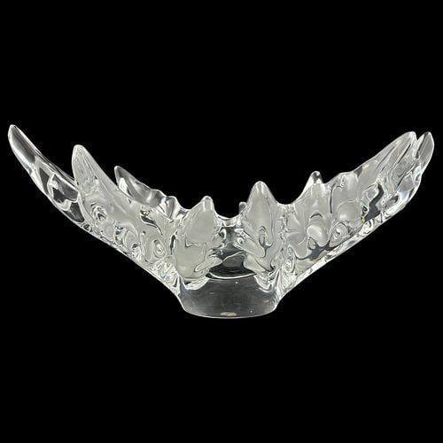 Lalique France Champs-Elysees Glass Crystal Leaf Centerpiece Bowl: Striking Lalique France clear crystal centerpiece bowl in the iconic “Champs-Élysées” leaf design, featuring deeply sculpted overlapping leaves with frosted and polished surf