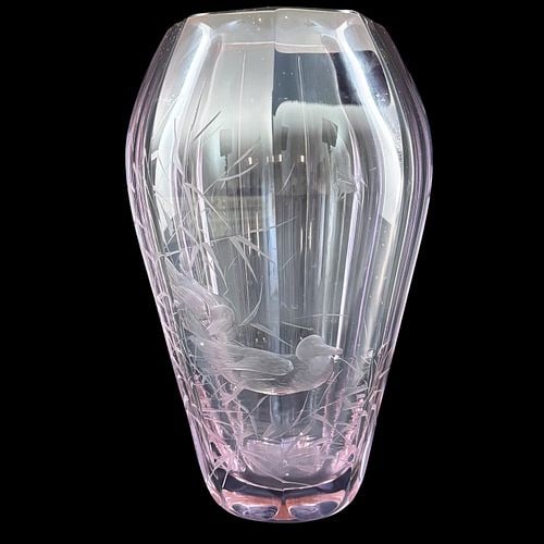 Moser Czech Amethyst Cut Crystal Vase Engraved Ducks & Marsh Reeds (1 of 8)