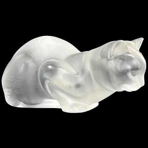 Lalique France Frosted Crystal Seated Cat Art Glass Figurine: Elegant frosted crystal figurine depicting a seated cat in a stylized Art Deco-inspired form, featuring finely molded facial details, textured fur accents, and a smooth satin finish that beautifully d