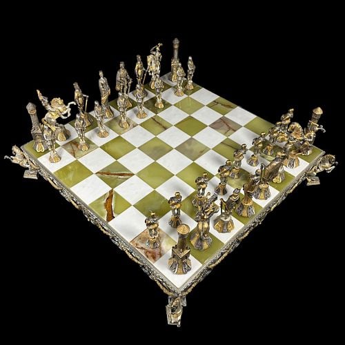 Piero Benzoni Medieval Figural Onyx Chess Set with Silver & Gold Tone Pieces - 10