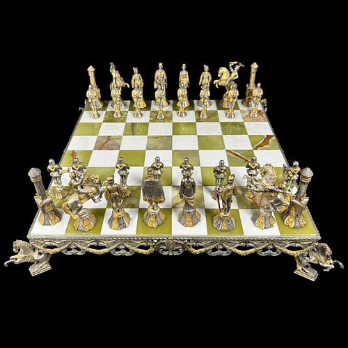Piero Benzoni Medieval Figural Onyx Chess Set with Silver & Gold Tone Pieces - 7