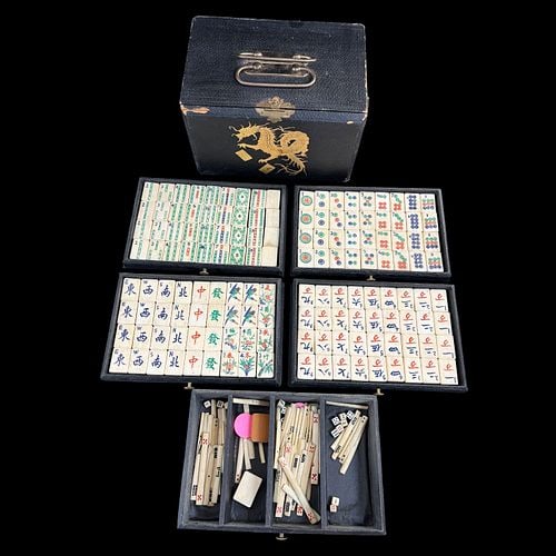 Vintage Chinese Mahjong Tile Set in Five-Drawer Dragon-Decorated Carrying Case (1 of 9)