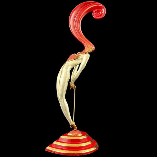 Erte L’Amour Art Deco Bronze Sculpture with Red Headdress and Gilt Accents: Elegant bronze sculpture titled “L’Amour” by Erté, the celebrated Art Deco artist known for his glamorous theatrical designs and elongated figural forms. This striking work de