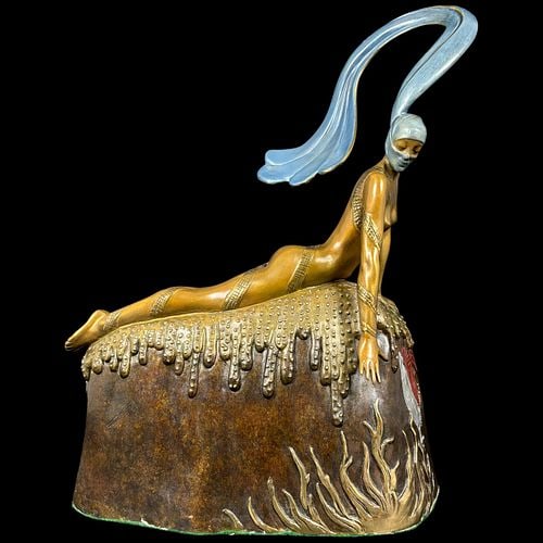 Erte French Rooster Limited Edition Bronze Sculpture 1987 #88/575: A limited edition bronze sculpture by Erté, born Romain de Tirtoff, titled “French Rooster,” created in 1987 and numbered 88/575. The sculpture depicts an elegant Art Deco-style fem