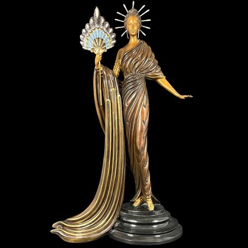 Erte Aphrodite Limited Edition Cold-Painted Bronze Sculpture #167/375: “Aphrodite,” a limited edition cold-painted bronze sculpture by Russian-French artist Erté, born Romain de Tirtoff, depicting an elegant Art Deco female figure in flowing drapery wi
