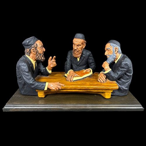 1970 R. Wright Judaica Sculpture of Three Rabbis Wisemen Studying Torah (1 of 7)