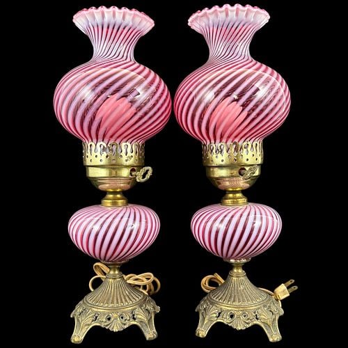 Pair Vintage Pink Opaline Swirl Glass Boudoir Lamps with Ruffled Shades (1 of 6)
