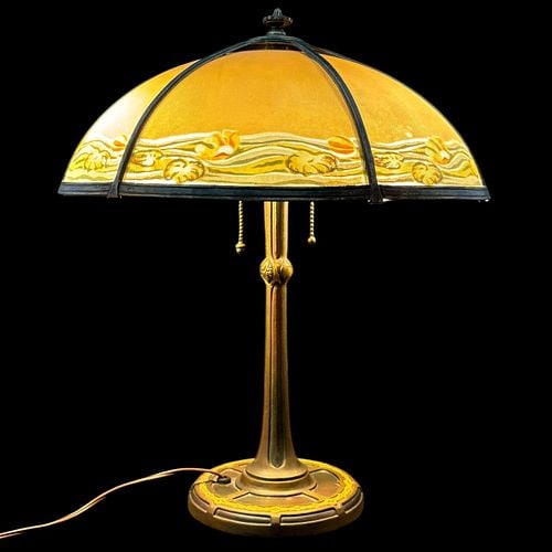 Art Deco Two-Light Cast Metal Table Lamp with Decorated Glass Shade (1 of 7)