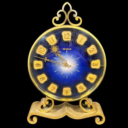 Vintage Benrus Swiss 8-Day Art Deco Gilt Metal Enamel Dial Clock (1 of 9)