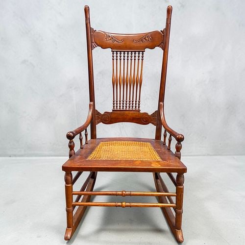 Antique Victorian Carved Wood Spindle-Back Cane Seat Rocking Chair (1 of 5)