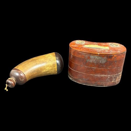 Antique Wooden Fishing Tackle Belt Box & Gun Powder Flask