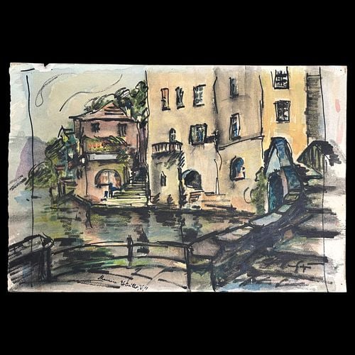 Signed Maurice Utrillo Village Canal Watercolor and Ink Painting: Style of Utrillo watercolor and ink painting on paper depicting a picturesque French village canal lined with closely grouped buildings, arched doorways, balconies, stairways, and a small footbridge. 