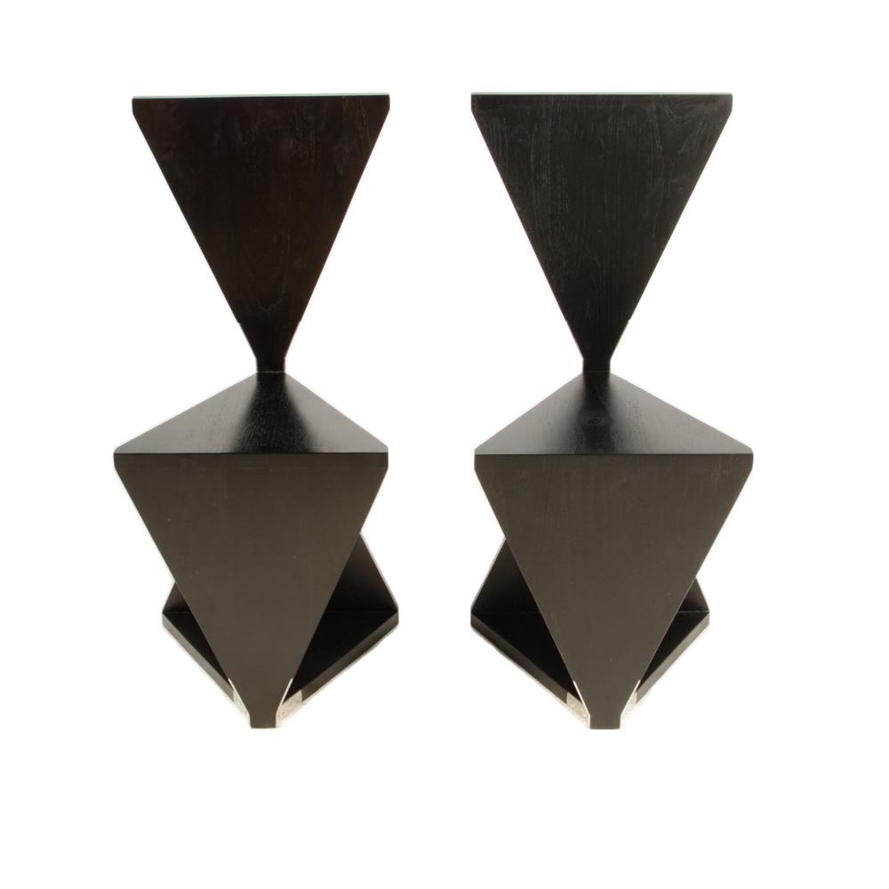 PAIR TEAK GEOMETRIC HALL CHAIRS (1 of 6)