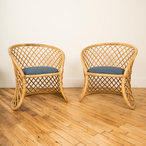 PAIR FRENCH RATTAN ARM CHAIRS ROYERE STYLE (1 of 5)