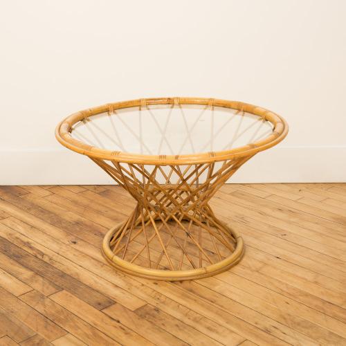 A FRENCH MCM ROUND RATTAN COFFEE TABLE WITH GLASS (1 of 4)