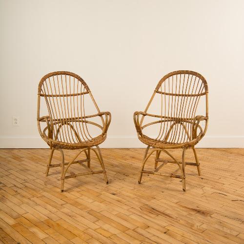 PAIR FRENCH  RATTAN ARMCHAIRS CIRCA 1960. (1 of 4)