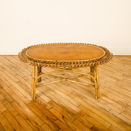 A FRENCH OVAL RATTAN TABLE WITH OAK TOP (1 of 4)