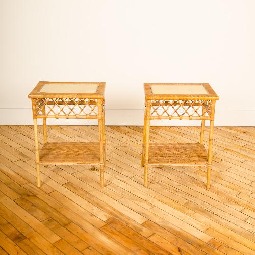 A PAIR OF MCM RATTAN SIDE TABLES WITH INSERTS (1 of 5)