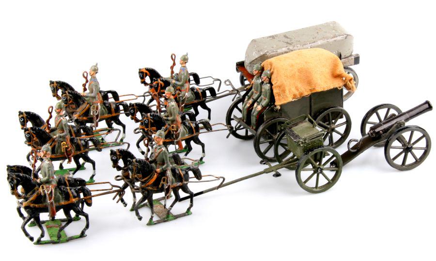 German Empire around 1914, artillery and train,: Deutsches Reich um 1914, Artillerie und Train (1 Ponton-Wagen, 1 Fourage-Wagen, 1 Kanone mit Protze), Heyde, Höhe Reiter ca. 6,5 cm (Größe 2), Originalbemalung, altersentsprechende Farb
