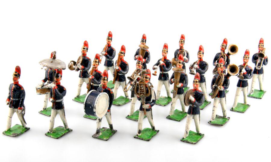 German Empire around 1900, Infantry music, marching,: Deutsches Reich um 1900, Infanterie-Musik im Marsch im Spiel, Heyde, Höhe Fußer ca. 5,2 cm (Größe 2), Originalbemalung, kleine altersentsprechende Schäden, Pauker leicht besch
