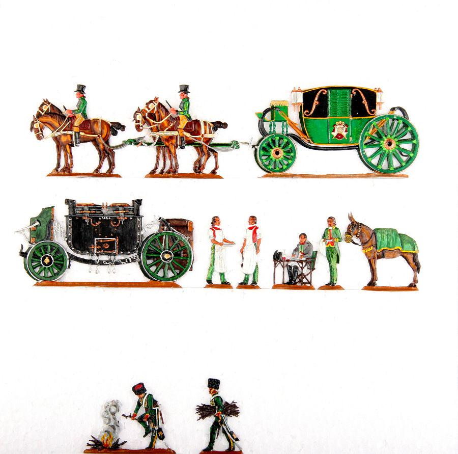 France around 1813, painted, flat tin figures "flats",: Frankreich um 1813, Kaiser Napoleon, Reise-Rast, Mignot, sehr gute, leicht schattierte Bemalung, 11 Figuren, flache Zinnfiguren, 30-mm-Größe, enthalten Blei, nicht geeignet für Kinder u