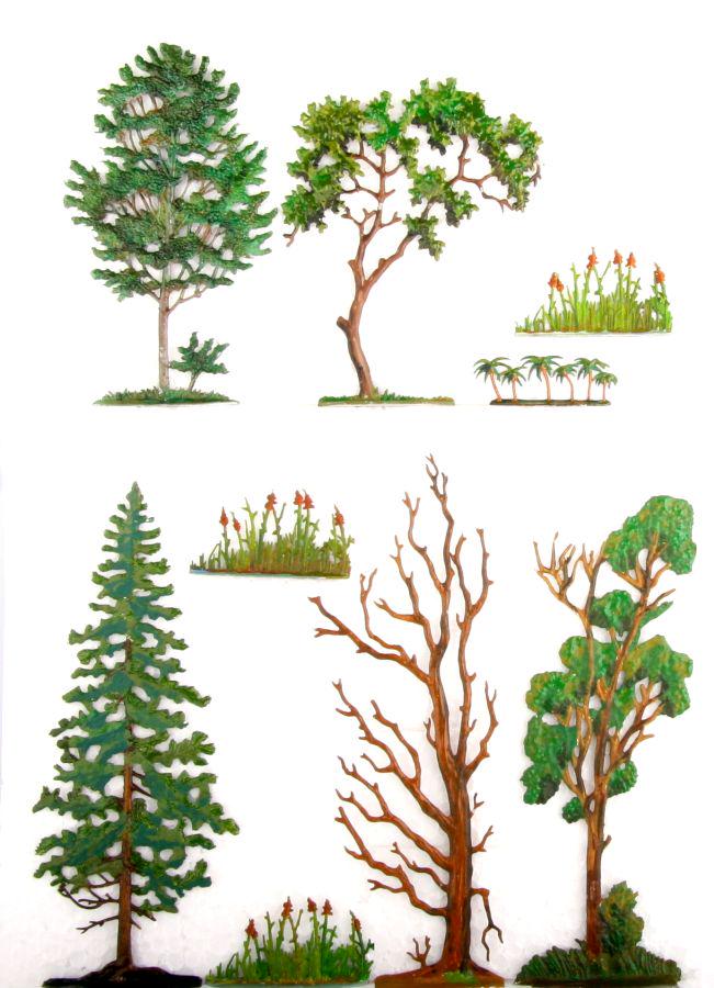 Trees, height untill 16 cm, painted, flat tin figures: Bäume und Gräser, Höhe ca. 1,5-16 cm, verschiedene Hersteller, gute und sehr gute, schattierte Bemalung, 9 Figuren, flache Zinnfiguren, 30-mm-Größe, enthalten Blei, nicht geei