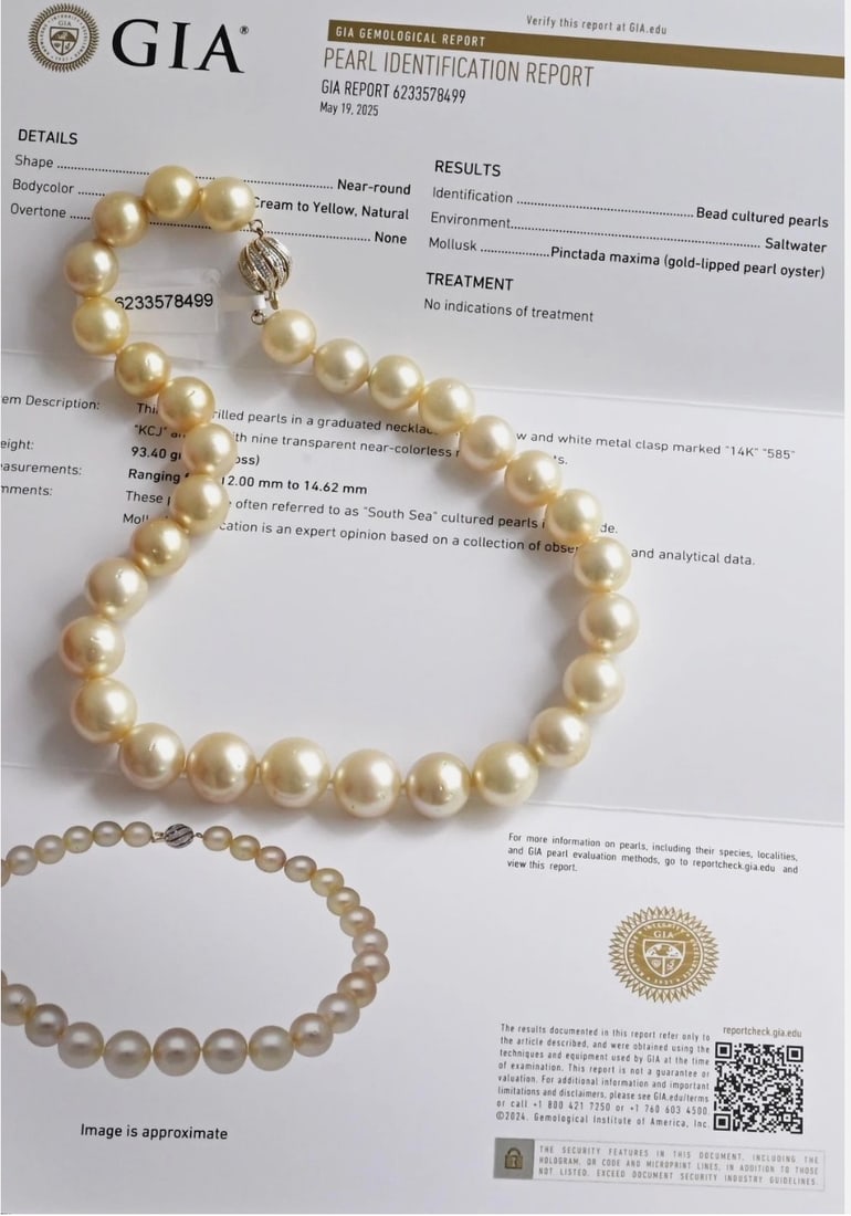 GIA Certified South Sea Pearl Necklace 12–14.62mm 93.40 G 14K Gold Diamond Clasp